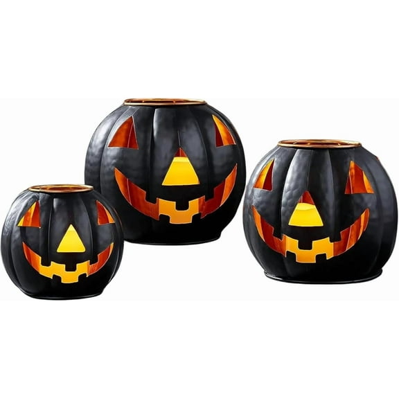 Halloween Metal Jack O Lanterns Pumpkin Set of 3 with LED Candles with Creepy Cloth Decoration Bundle - Rustic Indoor/Outdoor Decor
