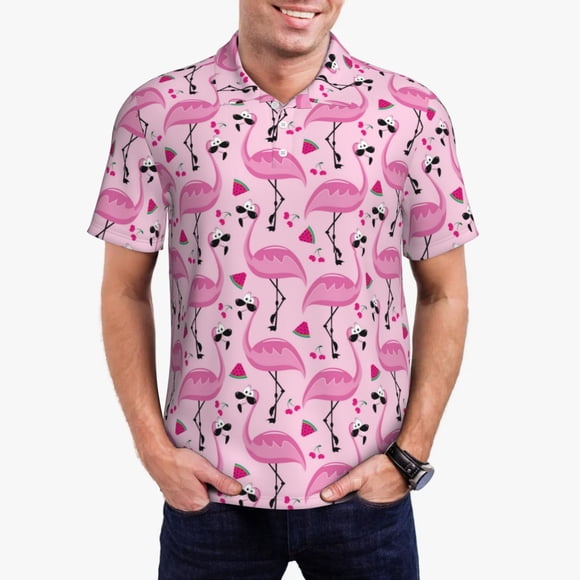 Fotbe Cool Flamingos Camiseta Polo de Golf para Hombre con Estampado – Camisa Deportiva Transpirable con Cuello Abotonado-Small