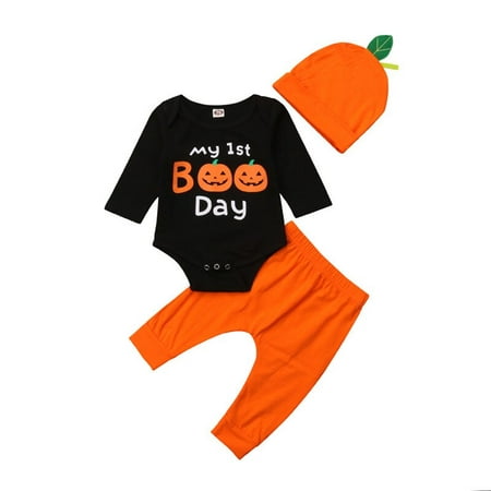 Goocheer Newborn Infant Toddler Baby Boy/Girl Halloween Clothes Pumpkin Long Sleeve Bodysuit Romper + Long Pants Trousers + Hat Outfit