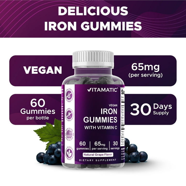 Vitamatic Iron Gummies 65 mg with Vitamin C Vegan Grape Flavor for
