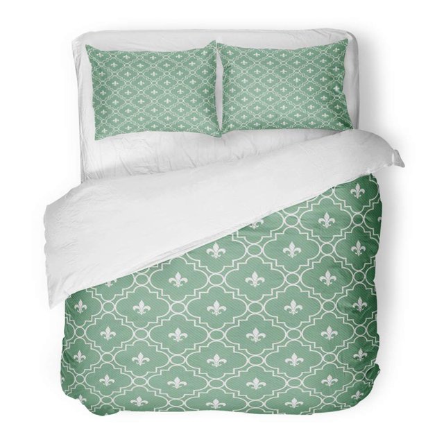 Juego de ropa de cama de 3 Piezas ABPHQTO Patrón Abstracto de Flor de Lis Blanco y Verde Funda nórdica de Círculos Antiguos con 2 fundas de almohada