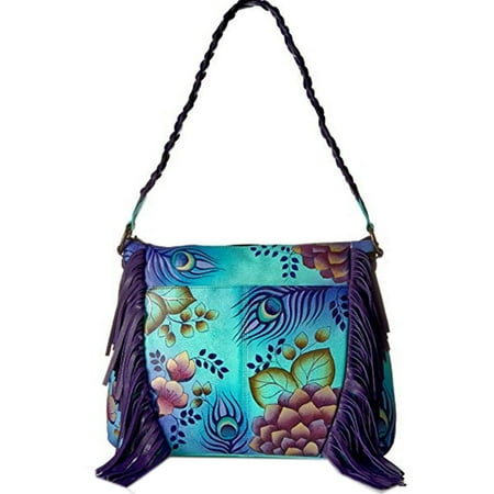 Design Hobo Handbag - Anuschka Anna Hobo Handbag Hand Painted Design on Real Leather Purse with Purse Holder, Fringed Peacock Garden