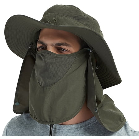 07-281 Fashion Summer Outdoor Gardening Sun Protection Fishing Cap Neck Face Flap Hat Wide Brim Army Green