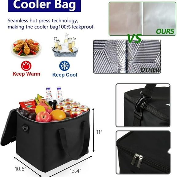 Collapsible Trunk Organizer for Car with Insulated Leak proof Cooler Bag, 3 Compartments SUV Cargo Organizer Removable Dividers, 5 in1 Car Storage Organizer with Foldable Lid,2 Tie-Down Straps(Black)