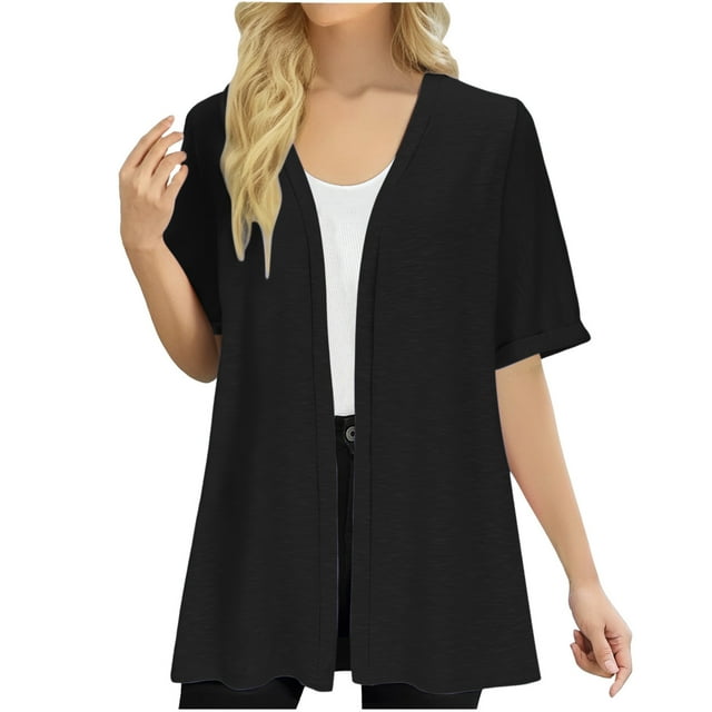 Kaemgyyd Summer Tops for Women Lightweight Rolled up Half Sleeve Open Front Cardigans Cute Solid Color Beach Clothes
