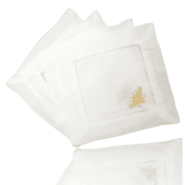4 SET Hemstitch Embroidered White Linen Cocktail Napkins 6x6 (Bumblebee)