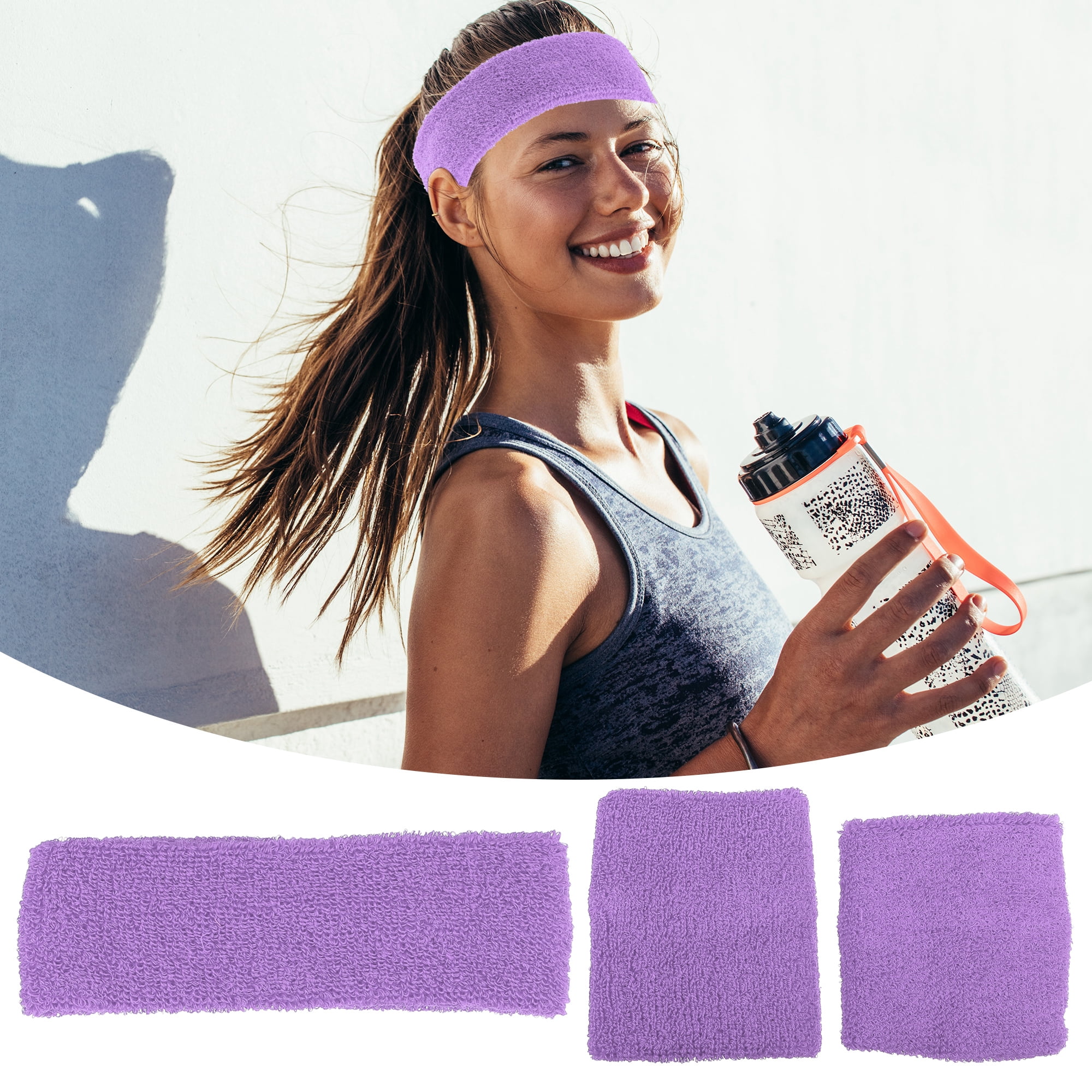 Unique Bargains 3 Pcs Sport Headband Wristband Sweatband Cotton Blend Light Purple