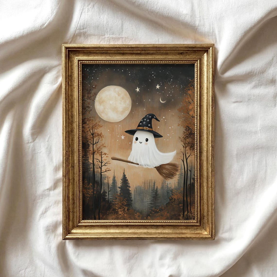 Cute Ghost Wall Art Print Vintage Style On Broomstick Halloween Spooky Dark Academia Witchy Seasonal Living Room And Home Decor