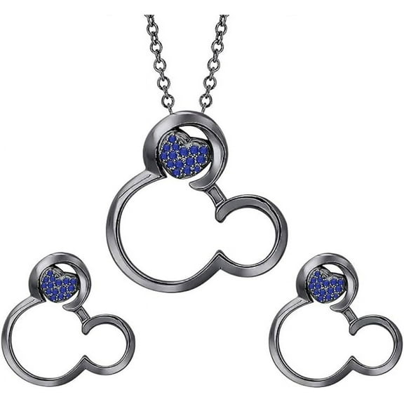 925 Sterling Silver 14K Black Gold Finish Round Cut Blue Sapphire Gemstone Fancy Cute Mouse Pendant Necklace & Earring Jewelry Set For Women