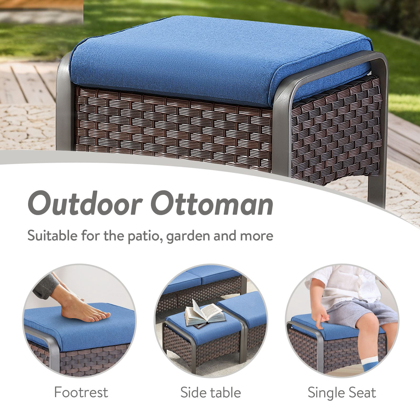 OPOHORO 4-Piece Patio Conversation Set with 2 Patio Lounge Chairs and 2 Ottomans, PE Wicker Outdoor Furniture with Blue Cushions for Porch or Backyard