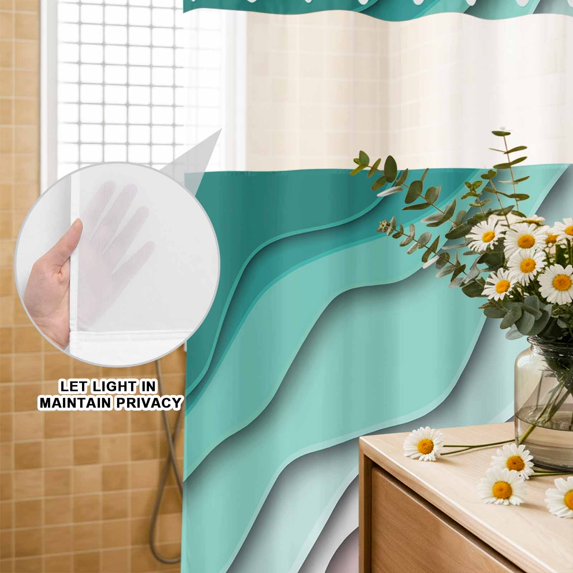 No Hook Shower Curtain with Built-in Rings - Aqua Green Purple Beach Coastal Washable Waterproof Fabric Bathroom Curtains for Hotel,Rentals, 72 X 78 Inch Long , Abstract Geometric Ocean Waves