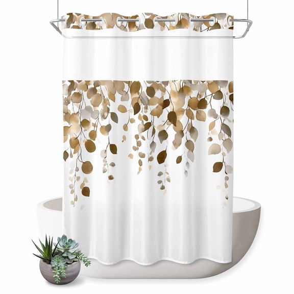 No Hook Shower Curtain, Brown Eucalyptus Leaves Shower Curtains for Bathroom with See Through Top Window, Summer Watercolor Leaf Waterproof & Washable Bath Curtain Stall 48"x72"