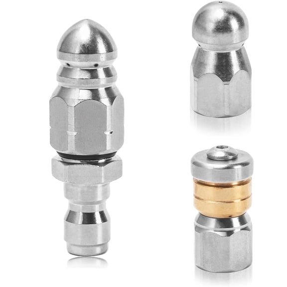 Sewer Jetter Nozzle Kit, 3-Pack Stainless Steel Jet Nozzles with Rotating, Button Nose, and Fixed Models, 1/4” Quick Connect, Up to 5000 PSI for Pressure Washer Drain Cleaning