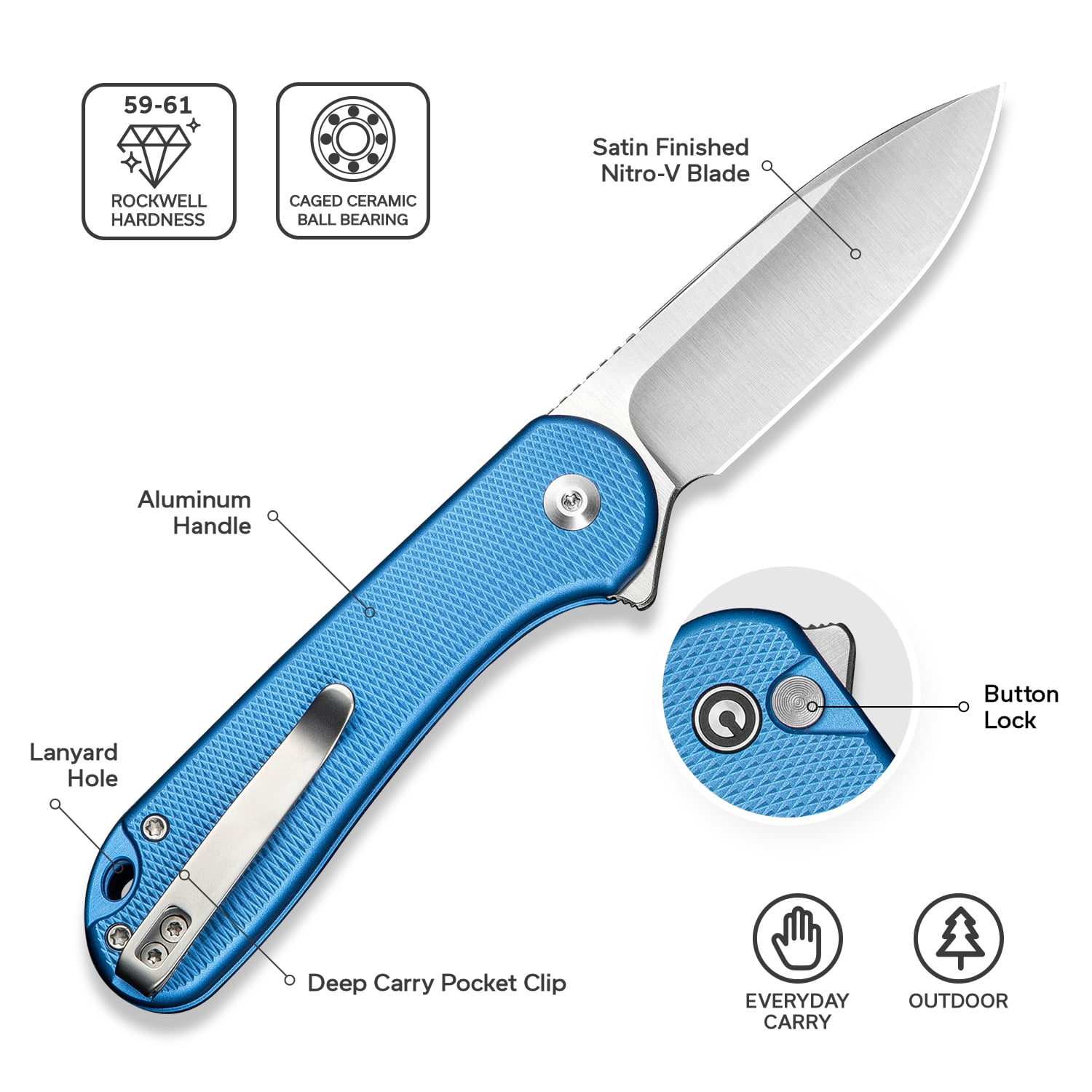 CIVIVI Elementum II Pocket Folding Knife, 2.96" Nitro-V Steel Blade Aluminum Handle Knife with Deep Carry Pocket Clip for Camping Hiking Hunting C18062PD-2, Blue