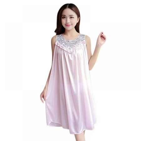 Women Summer Nightdress Plus Size Vest Chemise Lingerie Lace Ice Silk Long Home Clothing