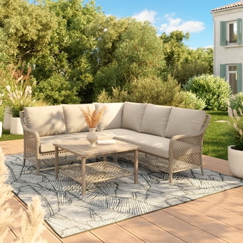 Ensemble modulaire extérieur en acier 4 pièces avec table et coussins Belmont HOMETRENDS, avoine