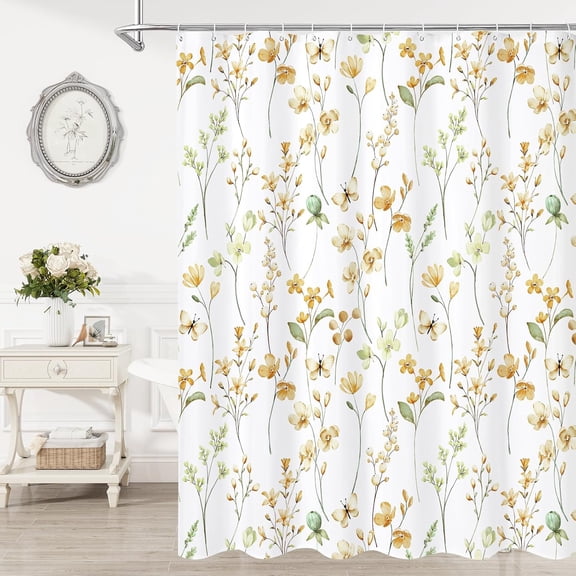 Watercolor Floral Shower Curtain, Yellow Butterfly Flower Shower Curtain for Bathroom, Modern Minimalist White Waterproof Fabric Shower Curtain Set, 72x72 Inch