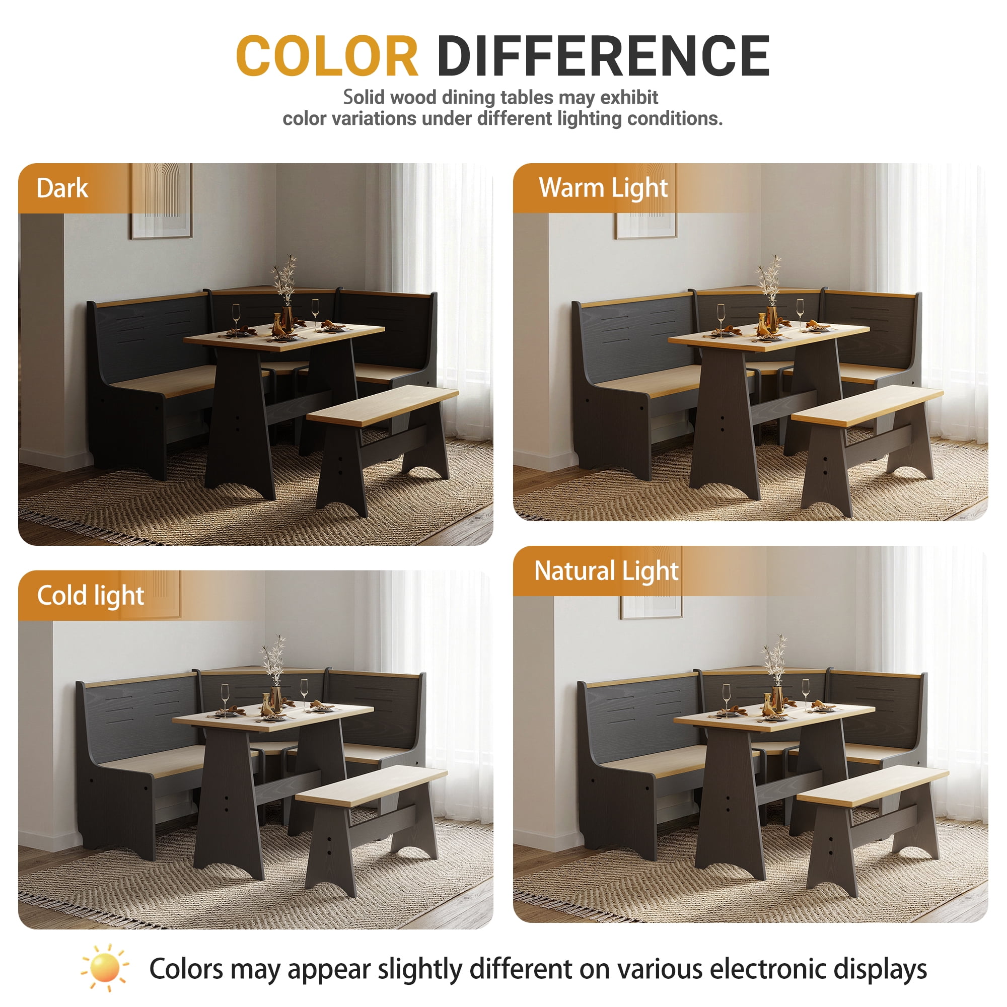 Koby Home Breakfast Nook Table Set, Storage Farmhouse Corner Kitchen Dining Table with  L-Shape Bench Chairs, Black Wood