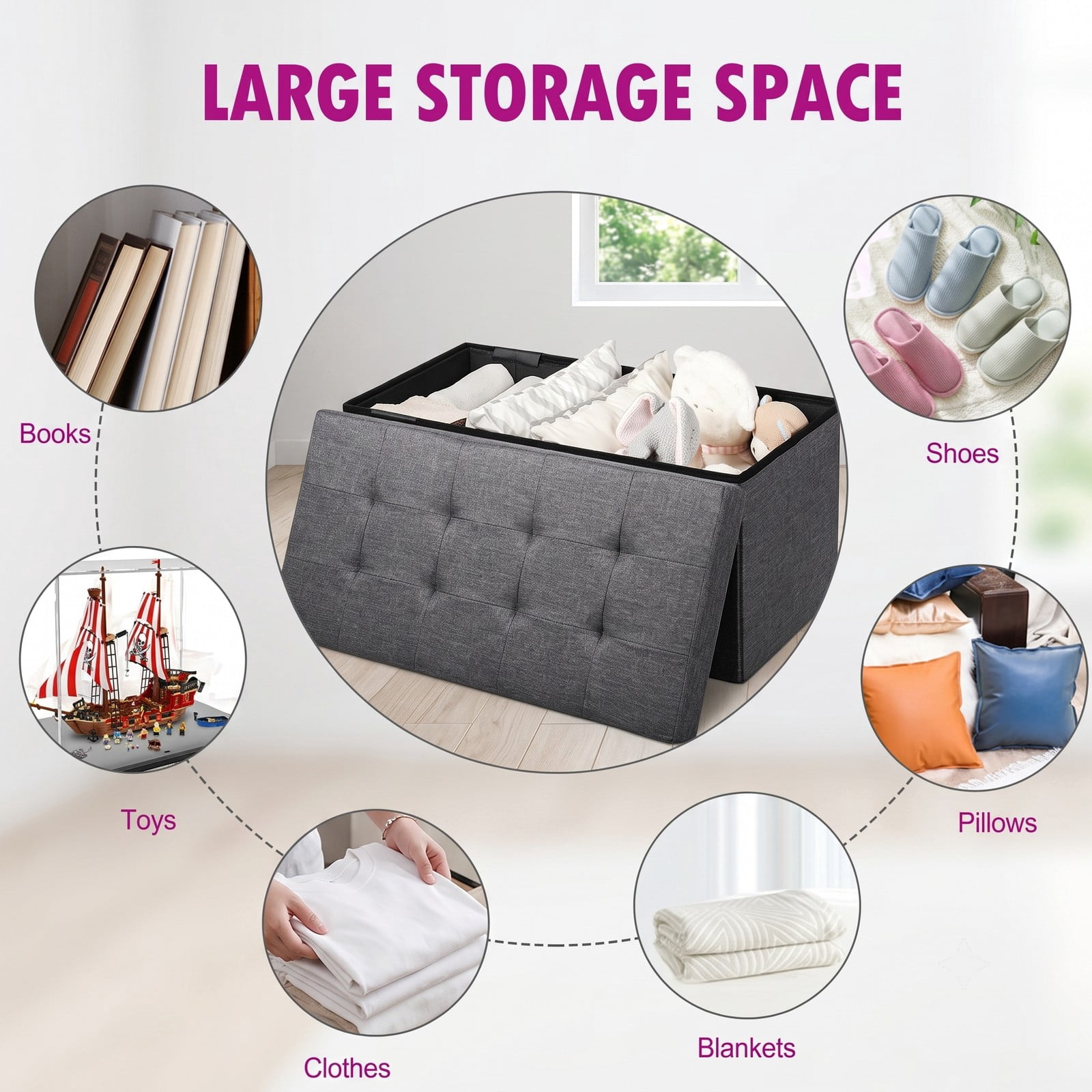 Furnibear 31.5 Inch Foldable Fabric Storage Bench Ottoman with Padded Seat and Removable Hanging Bin for Entryway, Dark Gray
