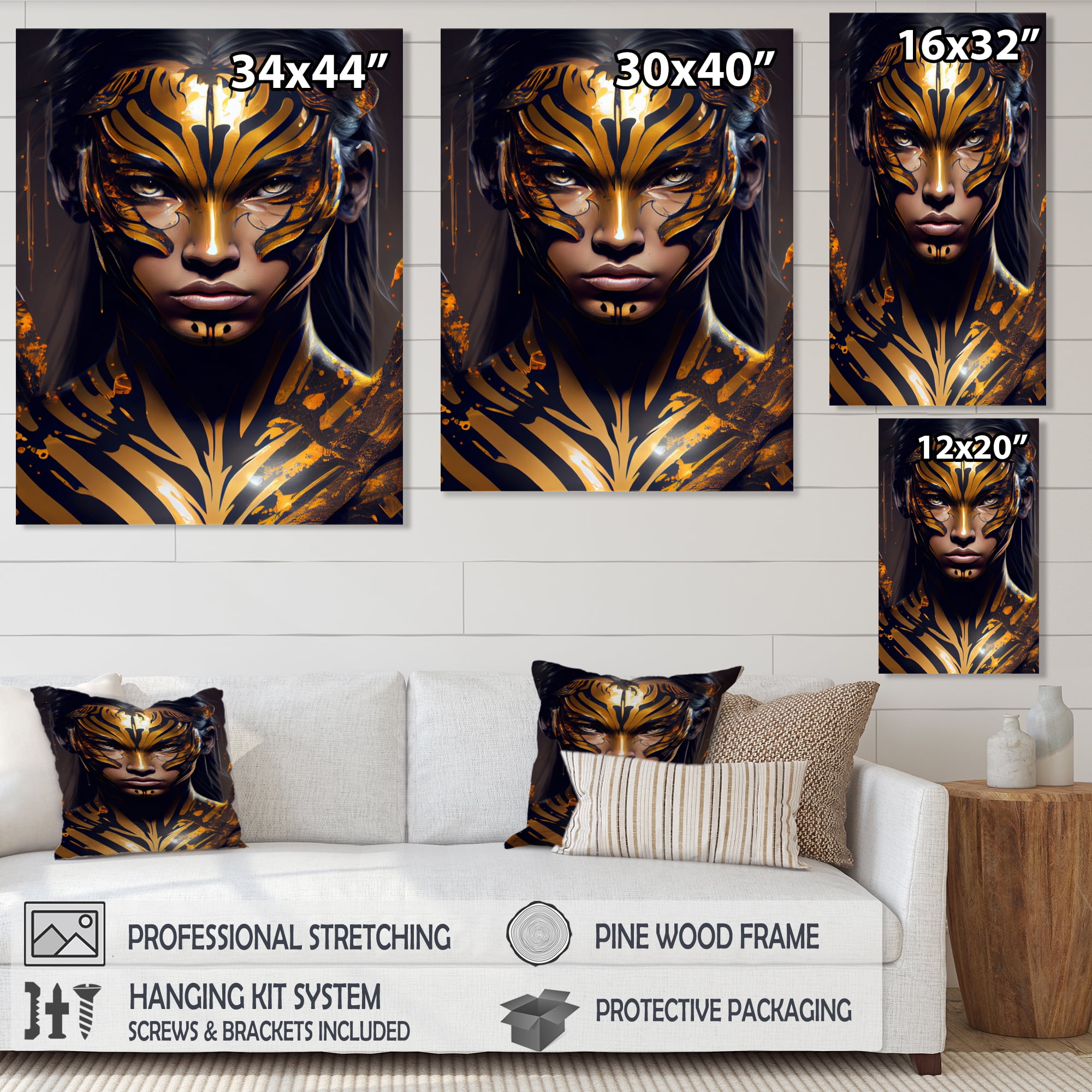 Designart Black And Gold Tiger Woman VI Canvas Wall Art