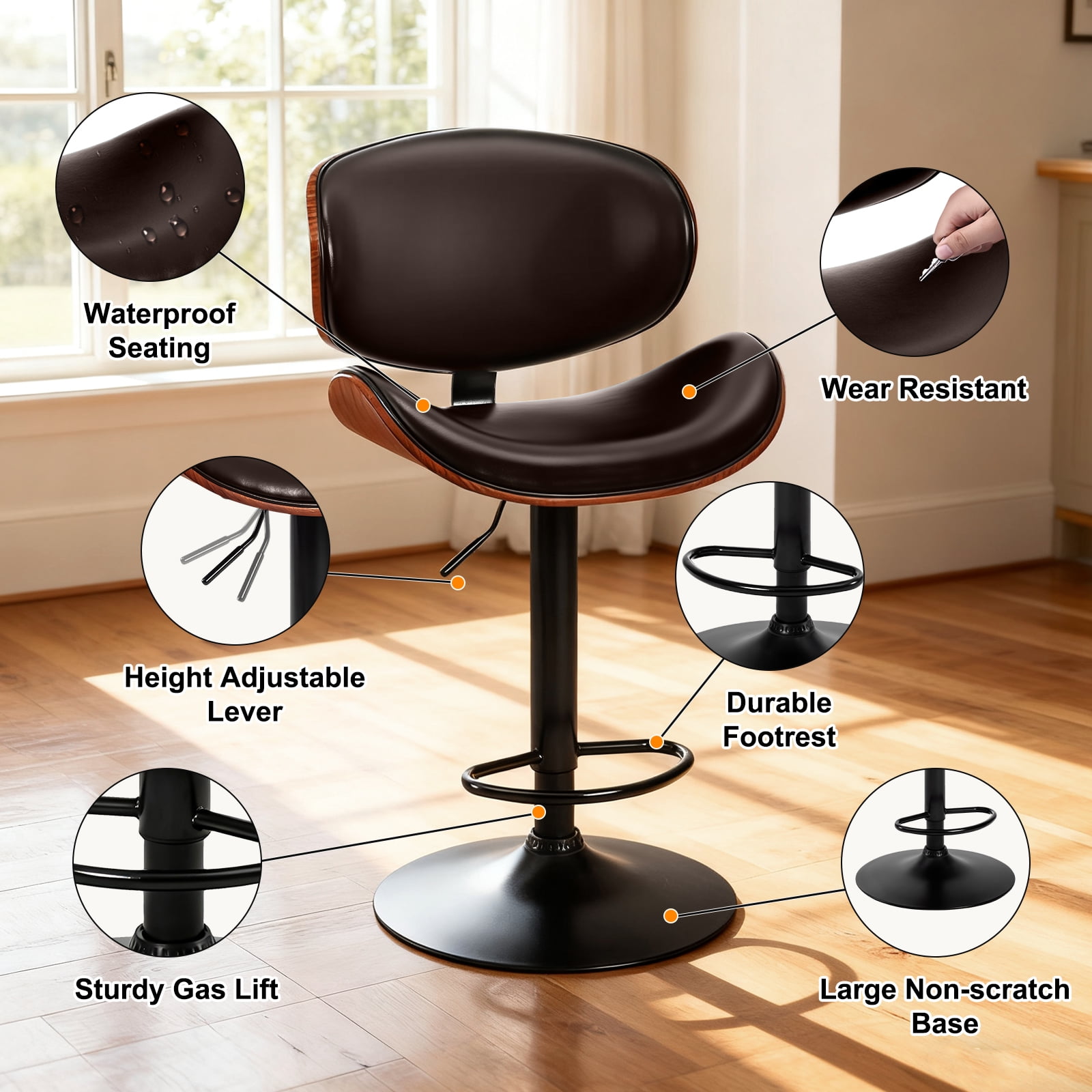 EDX Bar Stools Set of 2 for Kitchen Counter, Adjustable Bentwood Barstools, Modern PU Leather Upholstered Bar Chair with Back and Footrest, for Bar, Kitchen, Dining Room, Brown