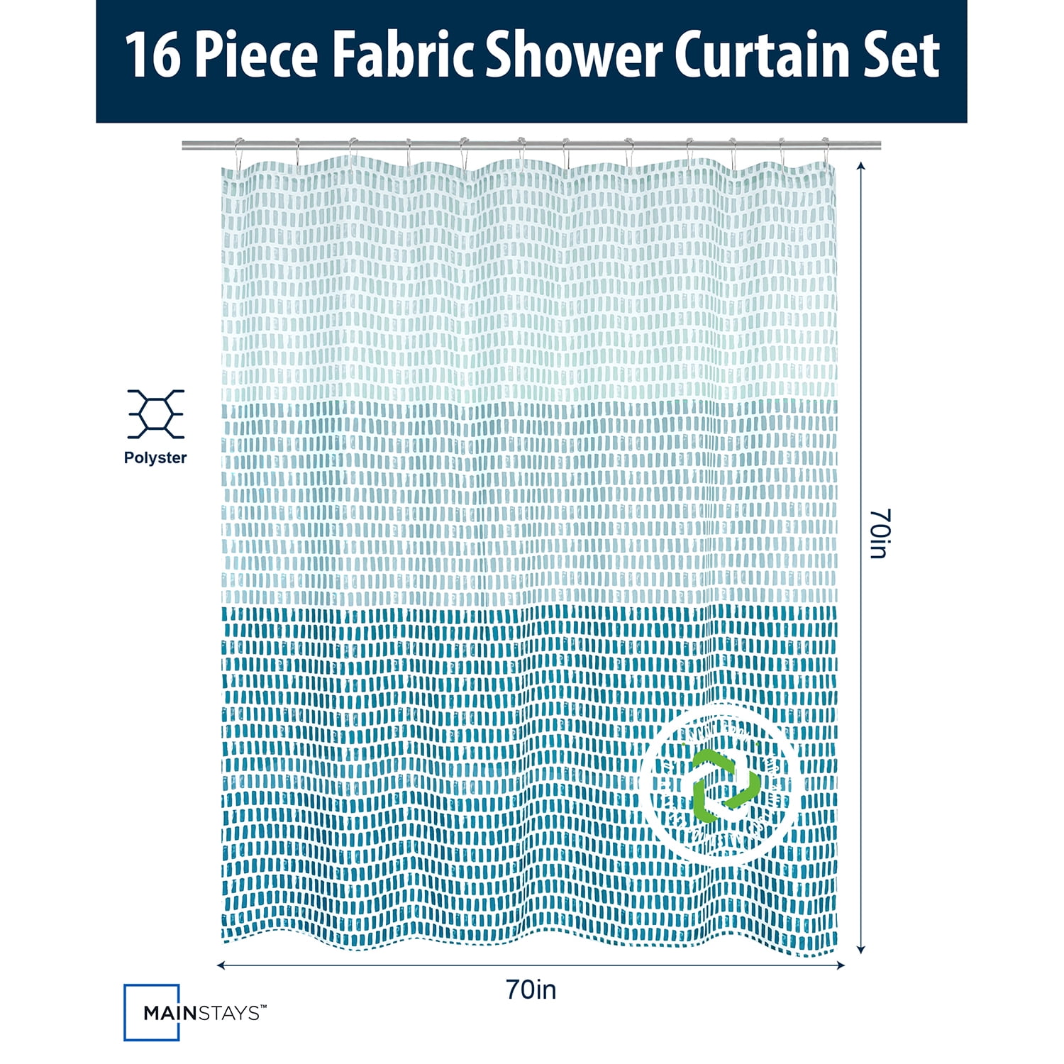 Mainstays 16-Piece Ombre Stripe Shower Curtain Bathroom Set – Blue Fabric Curtain with Rug, Hooks, Soap Dispenser & Tray
