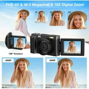 Melcam Digital Camera 4K 60FPS Auto Focus 48MP Vlogging Video Camera 16X Digital Zoom Camera with 180°Flip Screen/32GB Memory Card Compact Camera for Youtube