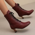 thumbnail image 4 of Ankle Boots for Women Lace up Round Toe Kitten Heel 70s Witch Booties Vintage Leather Fall Winter Mid Calf Dress Boots Wine Size 9, 4 of 6