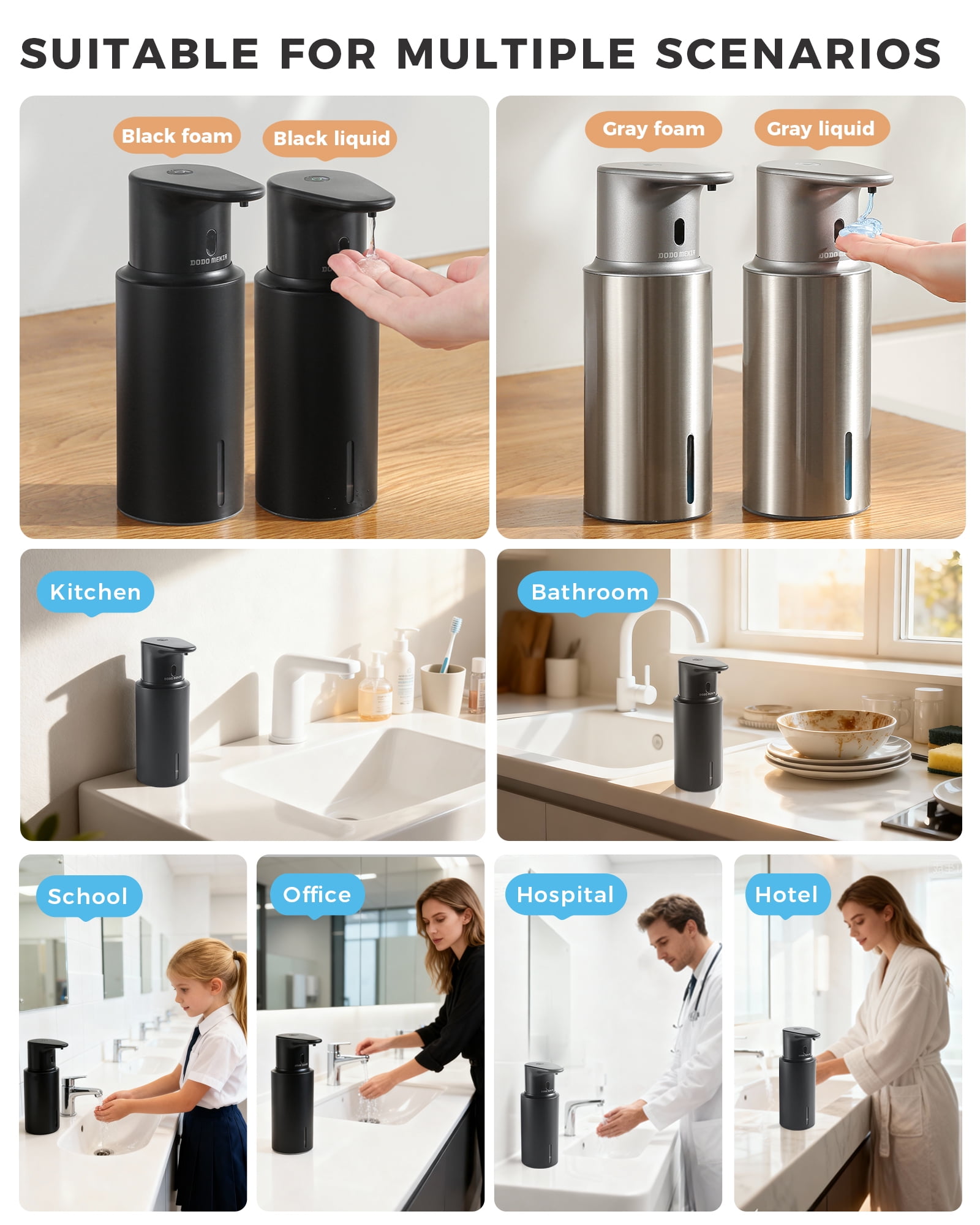 DODO MEKIA Automatic Liquid Soap Dispenser Touchless, 16.2oz/480ml Rechargeable, 3 Adjustable Liquid Levels, IPX5 Waterproof, for Kitchen Bathroom, Stainless Steel