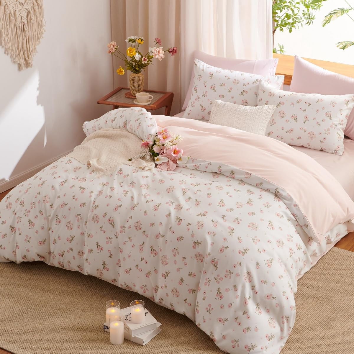 JOLUSERE Pink loyalty Floral Comforter Queen Sets, 3 Pieces Chic Botanical Pink White Floral Reversible Comforter for All Season