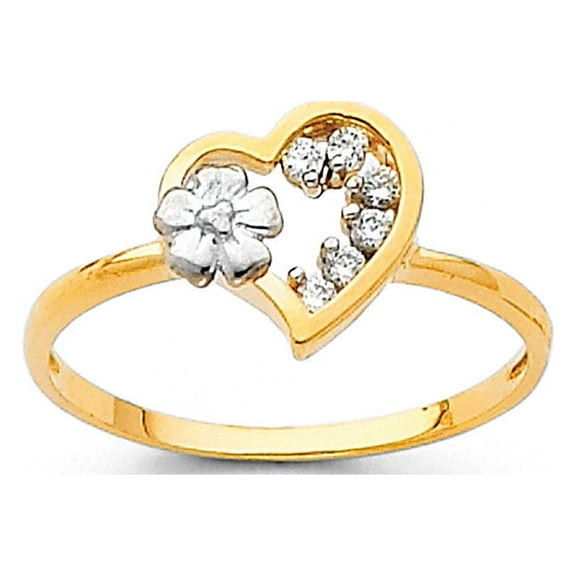 14k White Yellow Gold CZ Flower Heart Ring Floral Love Band Promise Ring Stylish Polished Size 7