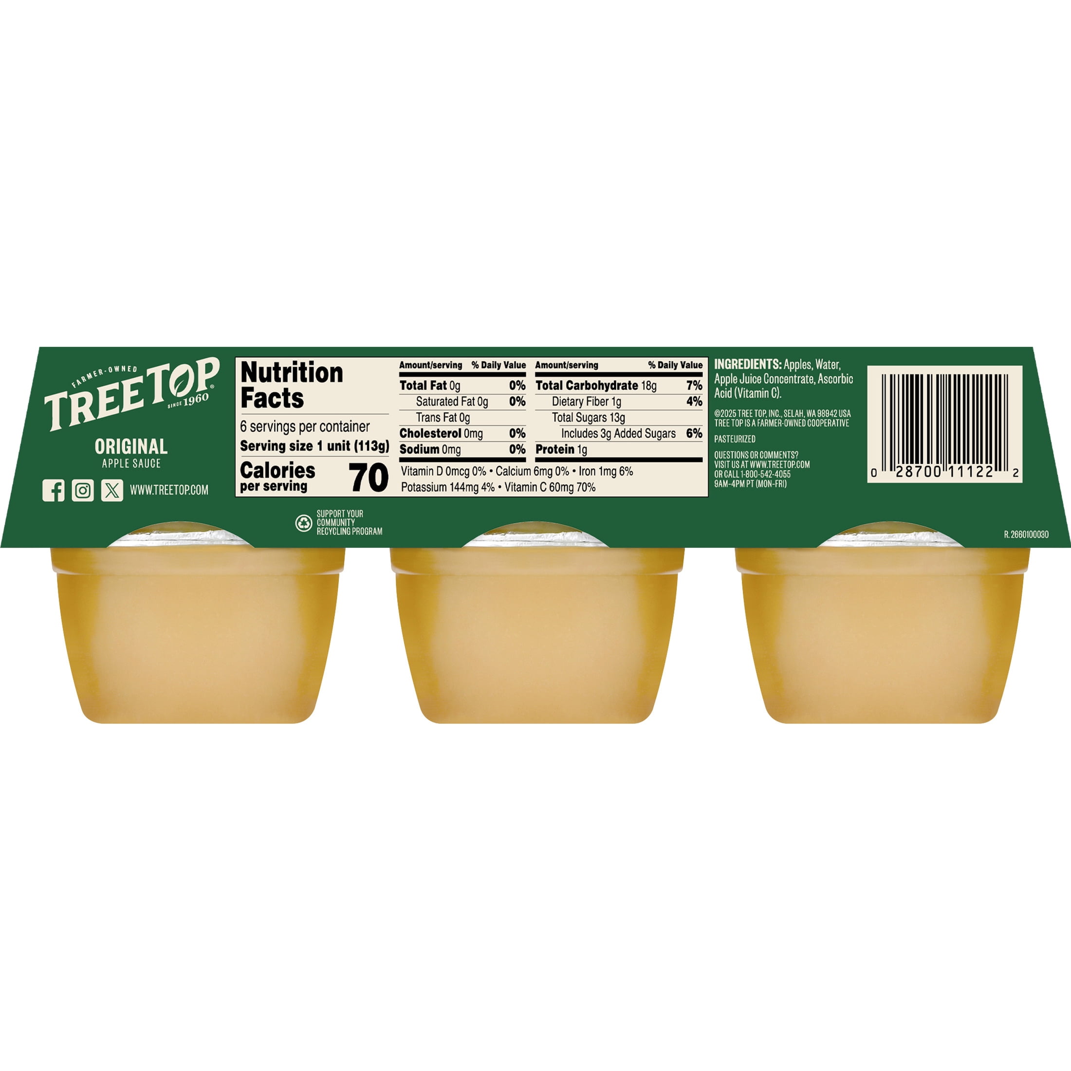 Tree Top Original Apple Sauce Cups, Made with Real Fruit, 4 Oz, 6 Count