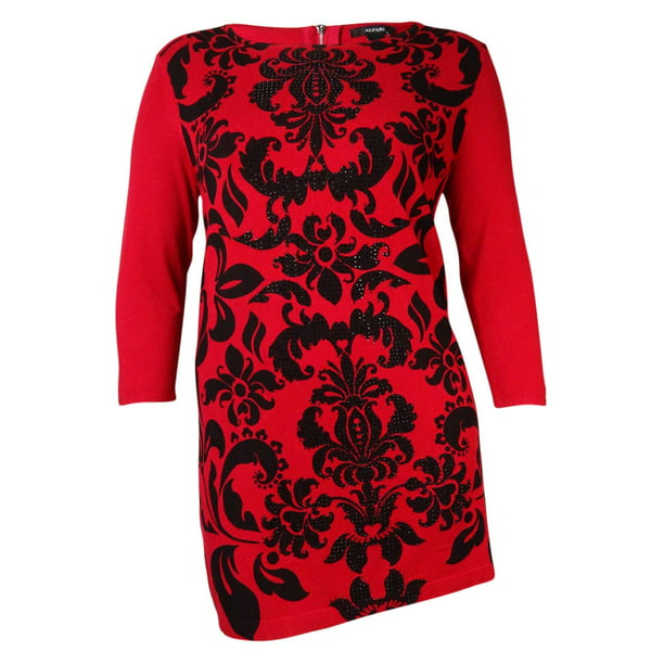 Alfani Women's Rhinestone Damask Zip Knit Sweater Dress (L, New Red Amour)  - Walmart.com