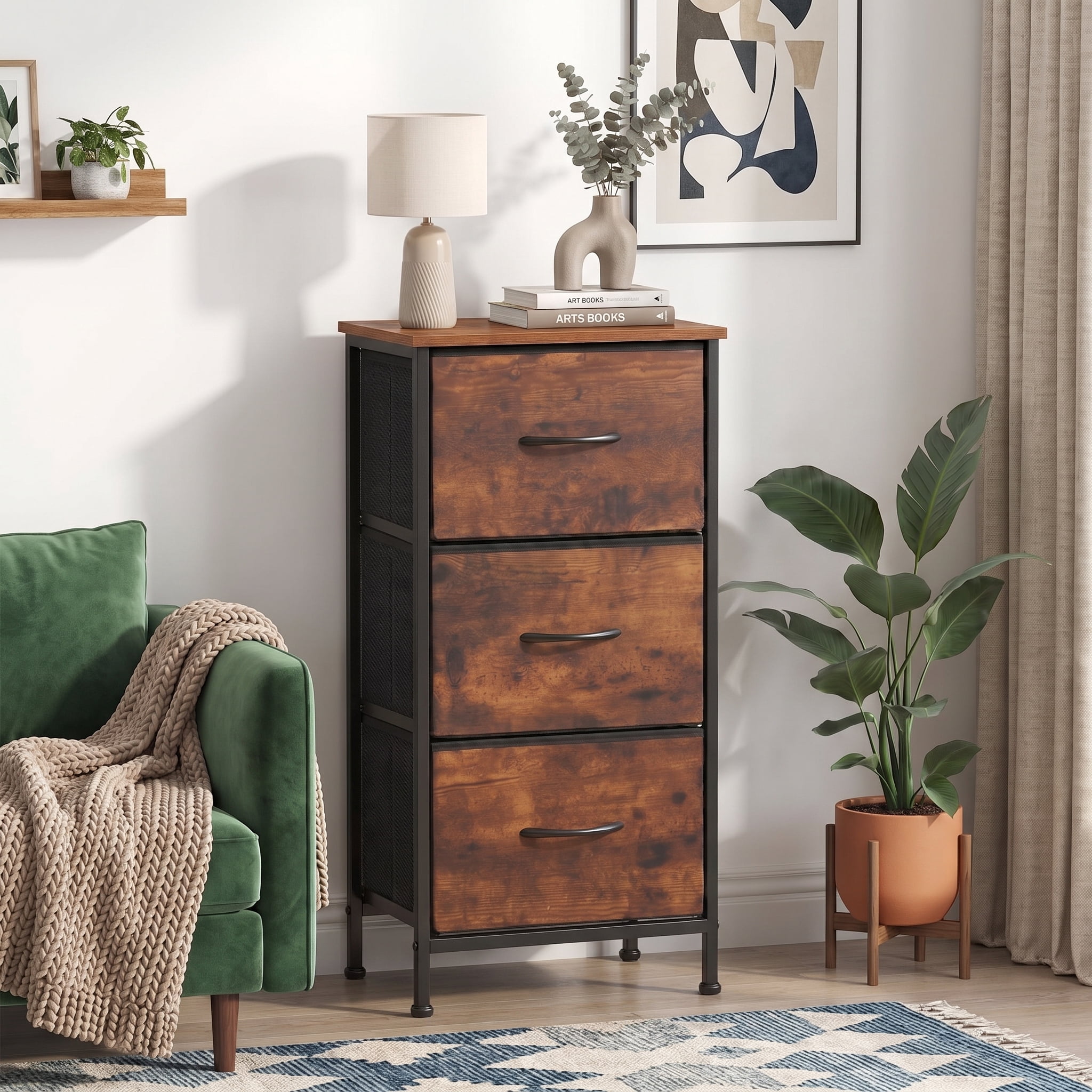 TrumanPick Fabric Storage Drawer Bedroom Dresser, Fabric Dresser for Closet, 3 Fabric Dresser with 3 Storage Drawers for Clothes, Living Room, Hallway, Entryway, Rust