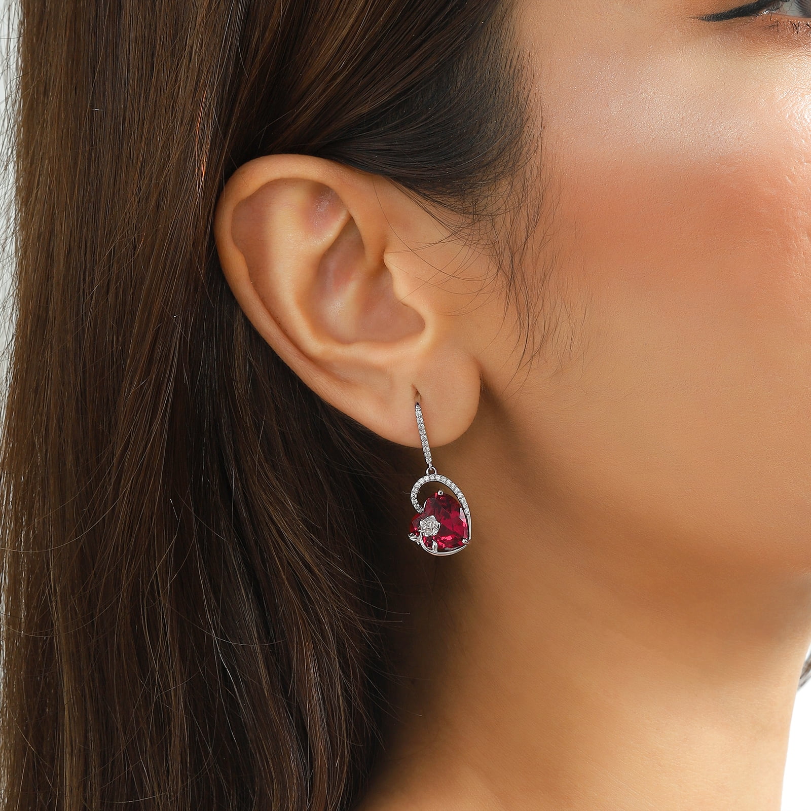 Juwaliy 925 Sterling Silver Earrings Women Heart July Birthstone Hook Dangle Earrings Ruby Red Rose Jewelry Mother Christmas Valentine's Day Gift