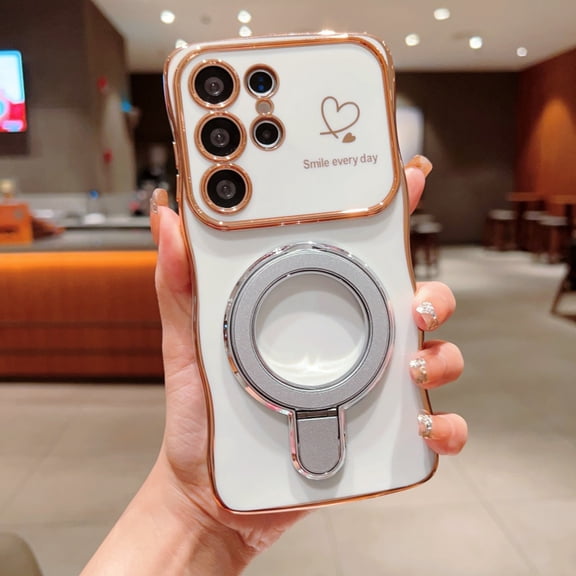 Heart Pattern Case for Samsung Galaxy S26, Plated TPU Magnetic Ring Holder Stand, Shockproof Protective Phone Cover for Women Girls, Slim Anti-Scratch Cute Phone Case, White