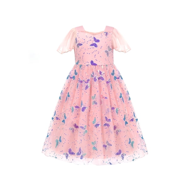 Vestido de Niña de Flores Tul Rosa Lentejuelas Butterfly Manga Volante Fiesta 10 Años
