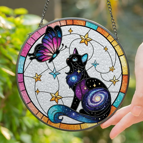 Lotusprinthandmade Galaxy Cat And Butterfly Stained Glass Suncatcher for Window Hanging Cir4in, Mystical Window Hanging Cat Art Decor
