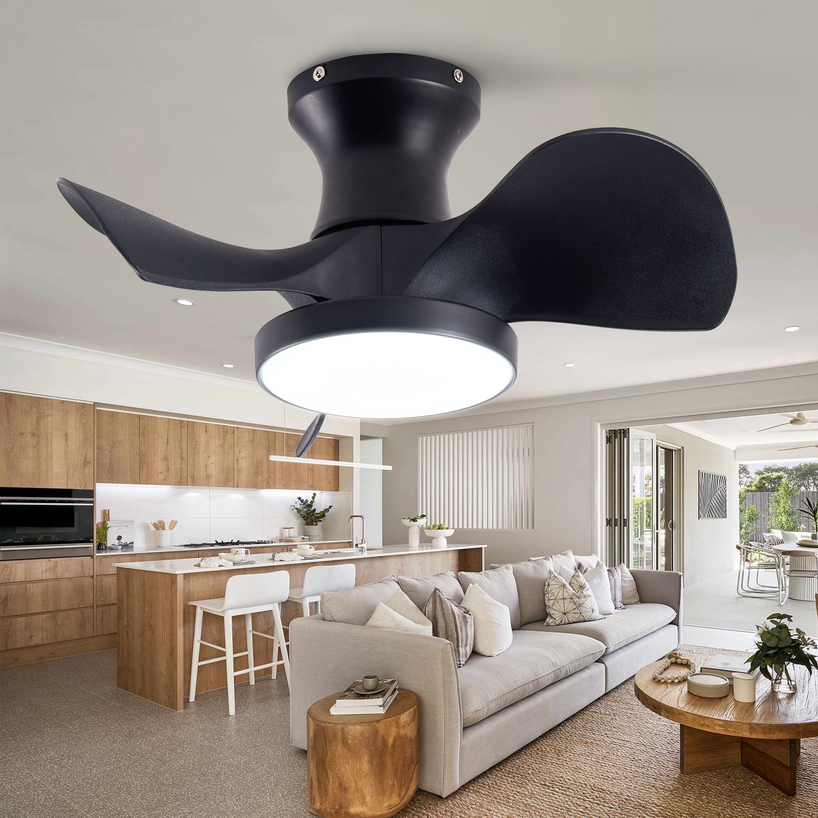 Matte Black ABS Ceiling Fan with 3-Color LED Light & Remote Control, Reversible DC Motor, Powerful Quiet Small Space Ceiling Fan for Kitchen, Bedroom, Dining Room, Toilet & Patio