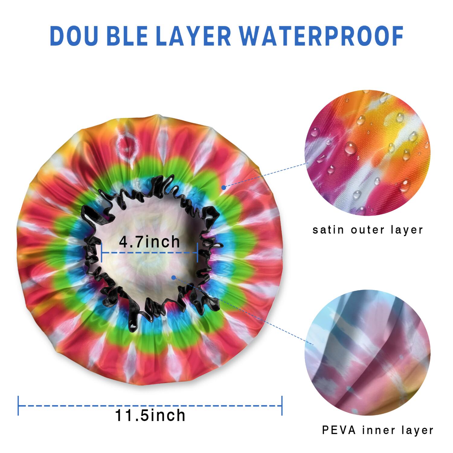 Shower Caps,Colorful Tie Dye Spiral Mandala Waterproof Shower Cap for Women 4 Pieces,Double Reusable Hair Cover for Shower PEVA Elastic Stretch Hem