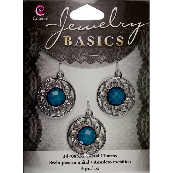 Cousindiy Jewelry Basics Metal Charms-Silver & Turquoise Filigree 3/Pkg