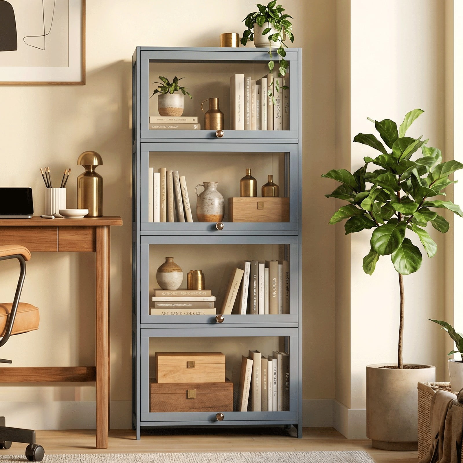 Magshion 55" 4-Tier Transparent Display Cabinet with Flip Up Door, Curio Cabinet Collection Showcase with Handle, Floor Standing Bookshelf for Living Room Bedroom Home Office
