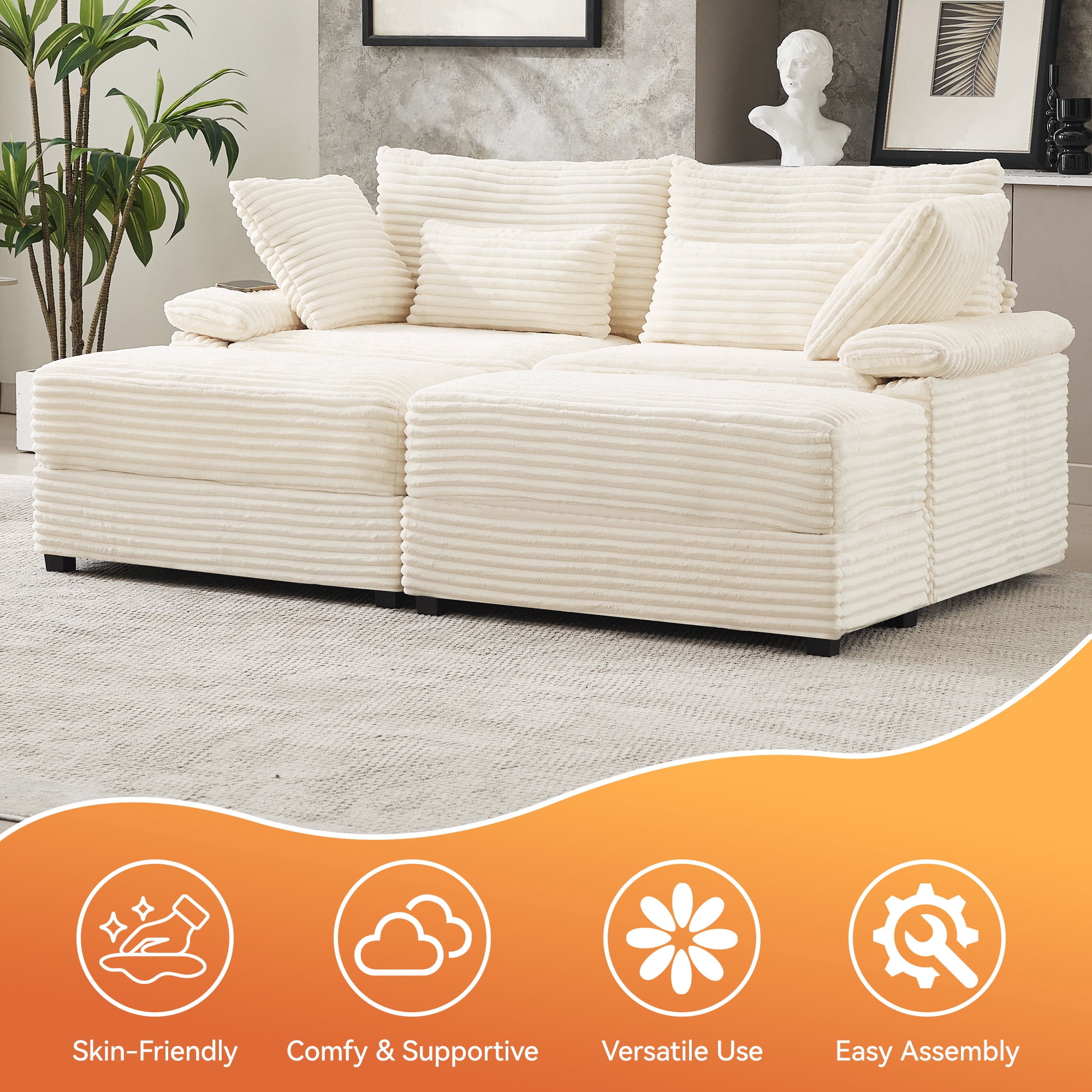 Corduroy Upholstered Sofa for Living Room,Modern Deep Seat Comfy Loveseat Couch with 2 Ottomans,Beige