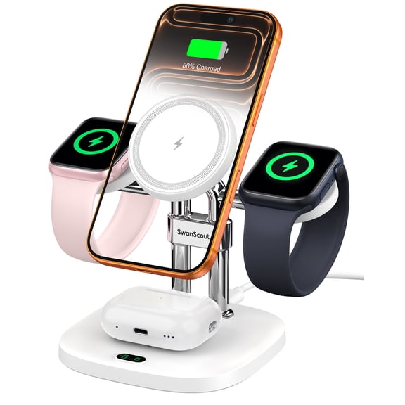 Magnetic Wireless Charger Compatible with iPhone 17/Air/16/15/14/13/12 Seires, Dual Fast Charger for Apple Watch 11/10/9/8/7/6, for iWatch Ultra 3/Ultra 2/SE 3/SE, for Airpods, SwanScout 709M (White)