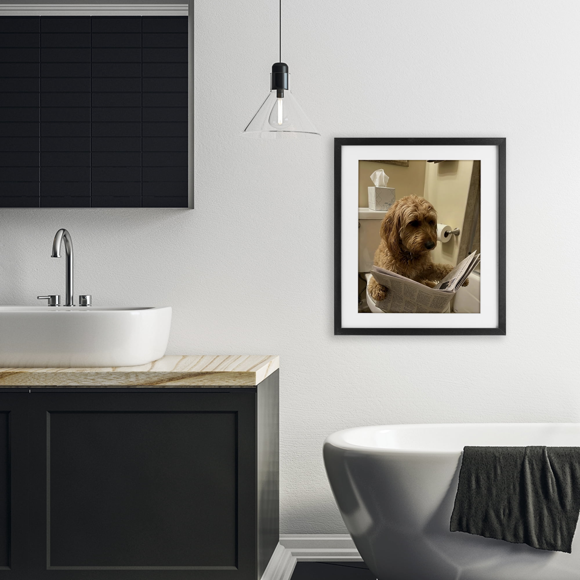 Stupell Industries Dog & Paper on Toilet Black Framed Print Under Glass, design by Abigail Walker