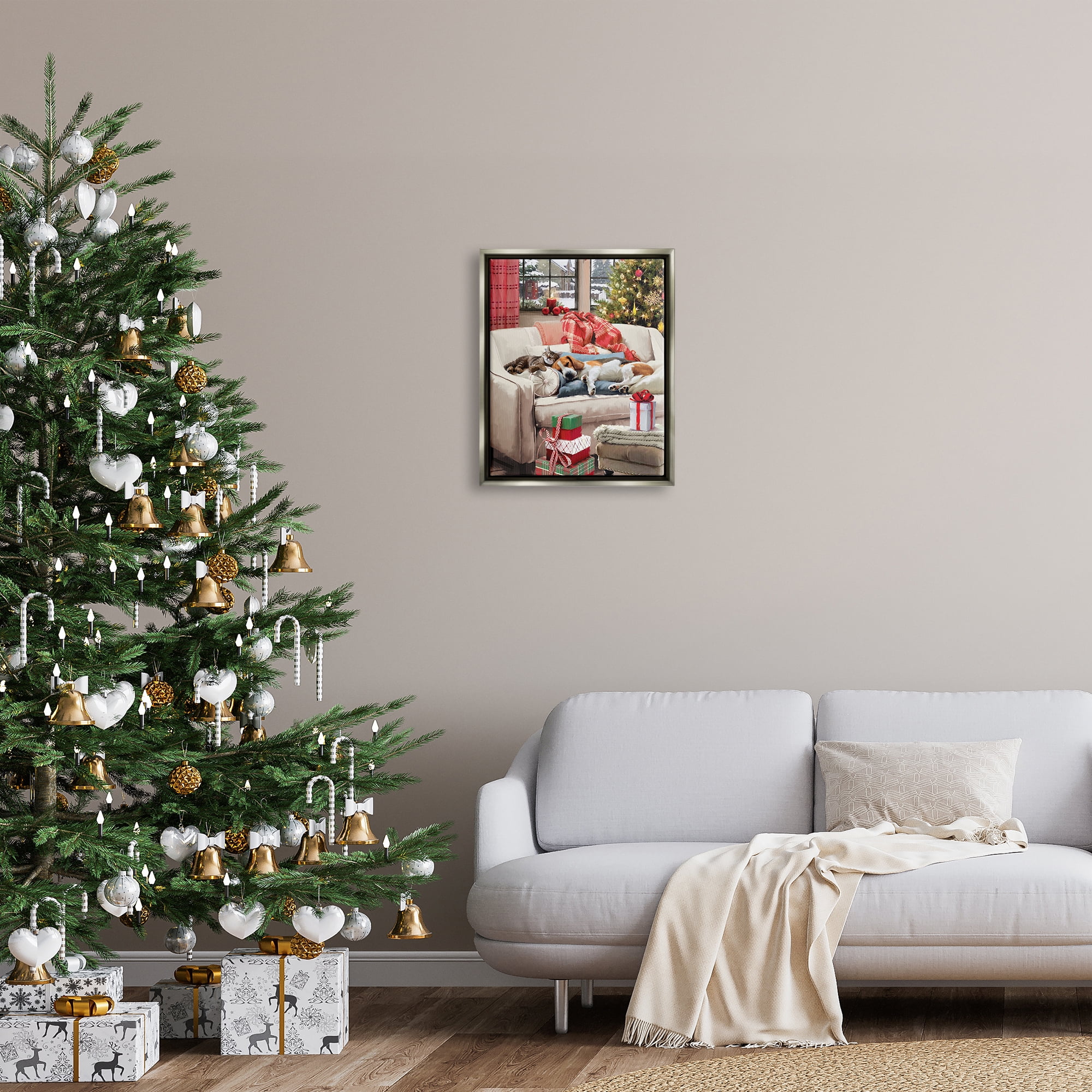 Stupell Industries Pets on Holiday Couch Holiday Painting Gray Floater Framed Canvas Art Print Wall Art, 17 x 21