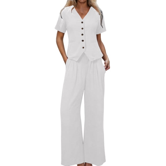 IWRICH Women's Linen 2 Piece Outfits Summer Short Sleeve V Neck Shirts Dressy Casual Sets Wide Leg Pant Suits White XL