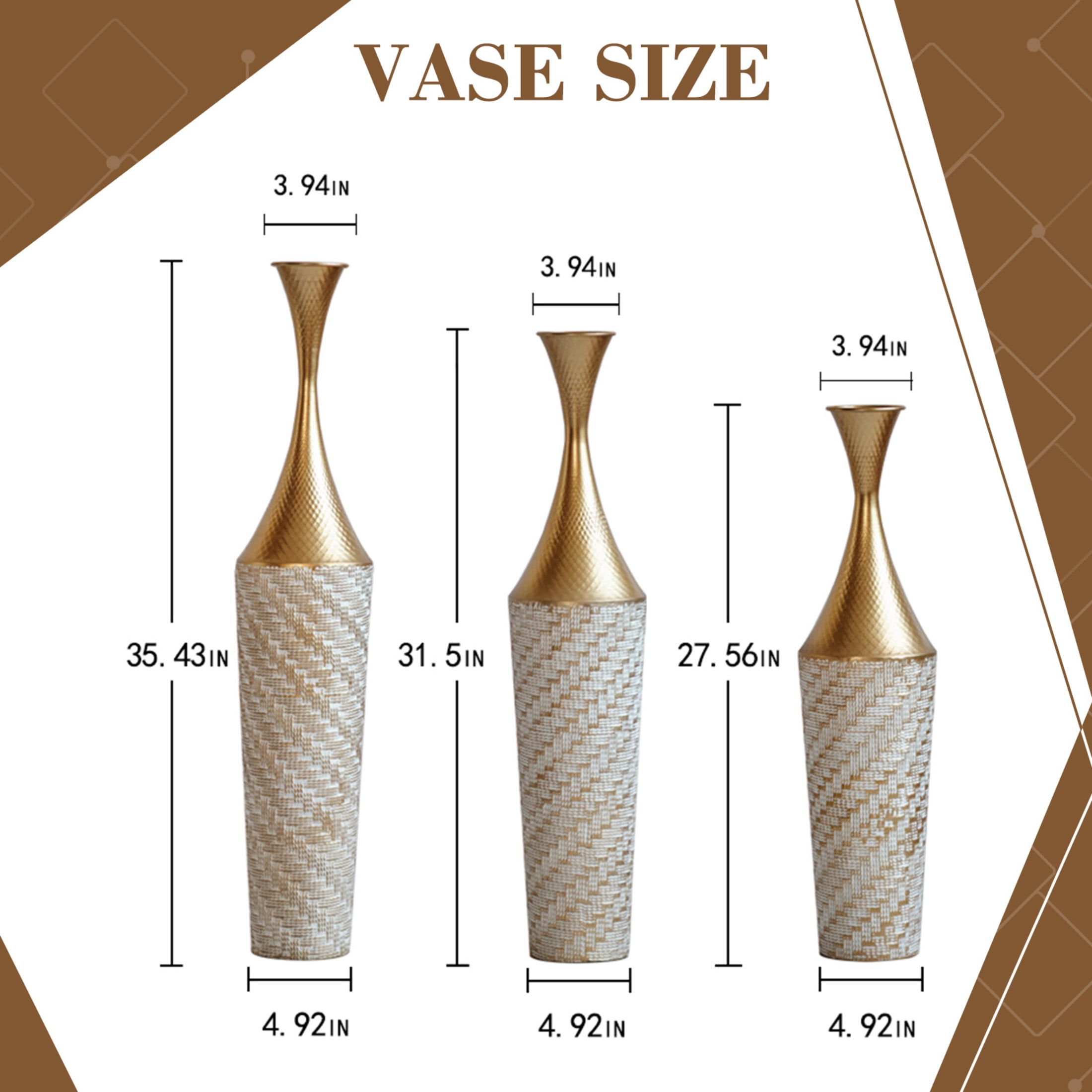 Noble House 27.56", 31.5", 35.43" Metal Floor Vase Set of 3, Textured Handcrafted Vases, Gold+White