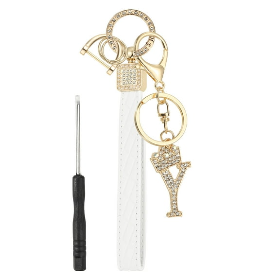 Leather Wristlet Keychain, Crown Design Letter Y Keychains with Key Ring and D Ring Car Keys Keychain Decorative Alphabet Key Chain for Bag Backpack DIY, Gold Tone