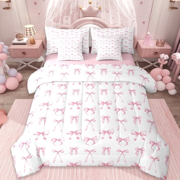 Erosebridal Ribbon Bow Knot 7-Piece Twin Bedding Sets,Light Pink Cute Bowtie Bedding Comforter Set For Bowknot Lovers,Reversible